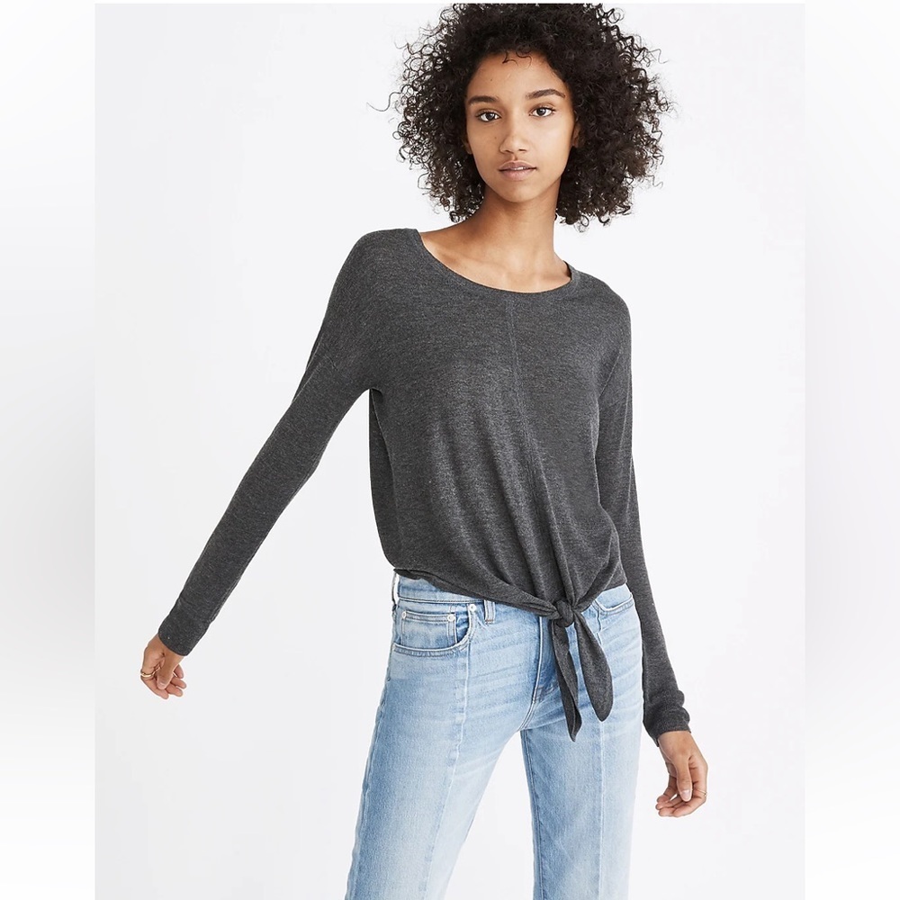 Madewell Gray Modern Tie Front Sweater Size XL Grey Crew Neck Tie Long Sleeve